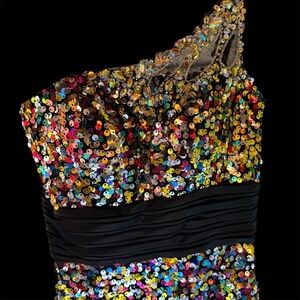 Multicolor Sequin Satin One-Shoulder Full Length Gown New